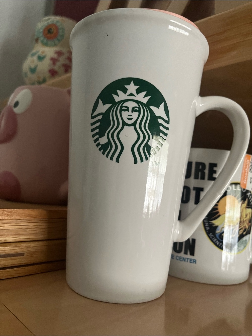 Starbucks White Mug with Green Siren Logo and Pink lid 16oz